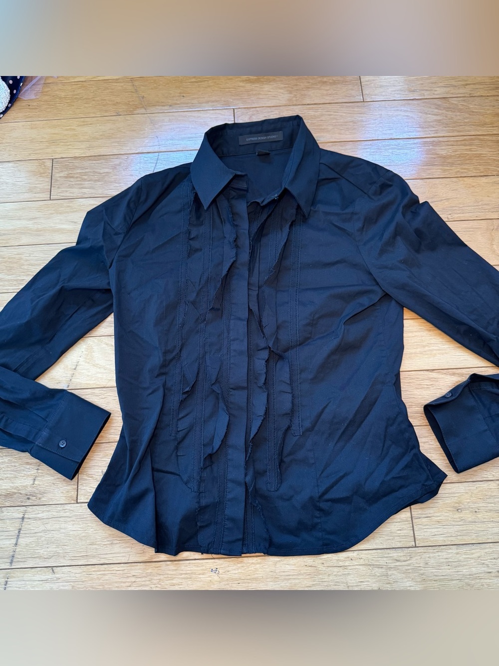 90s Express Design Studio Black Ruffle Button Down Blouse Size M